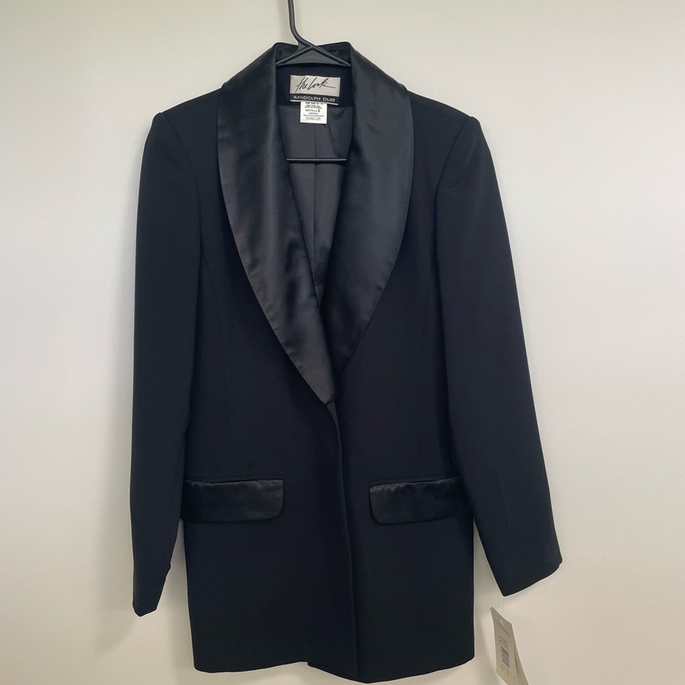 Randolph Duke Black long  Blazer with Satin Details - detachable lapel